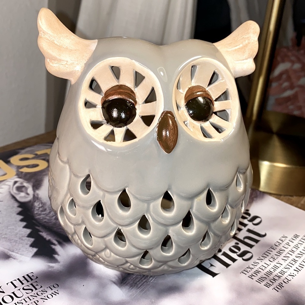 Grey brown tan owl candleholder counter decorative animal fixture ceramic glass - Picture 11 of 14